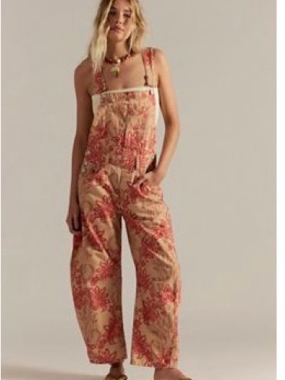 We The Free Beige Jumpsuit with Coral Floral Print